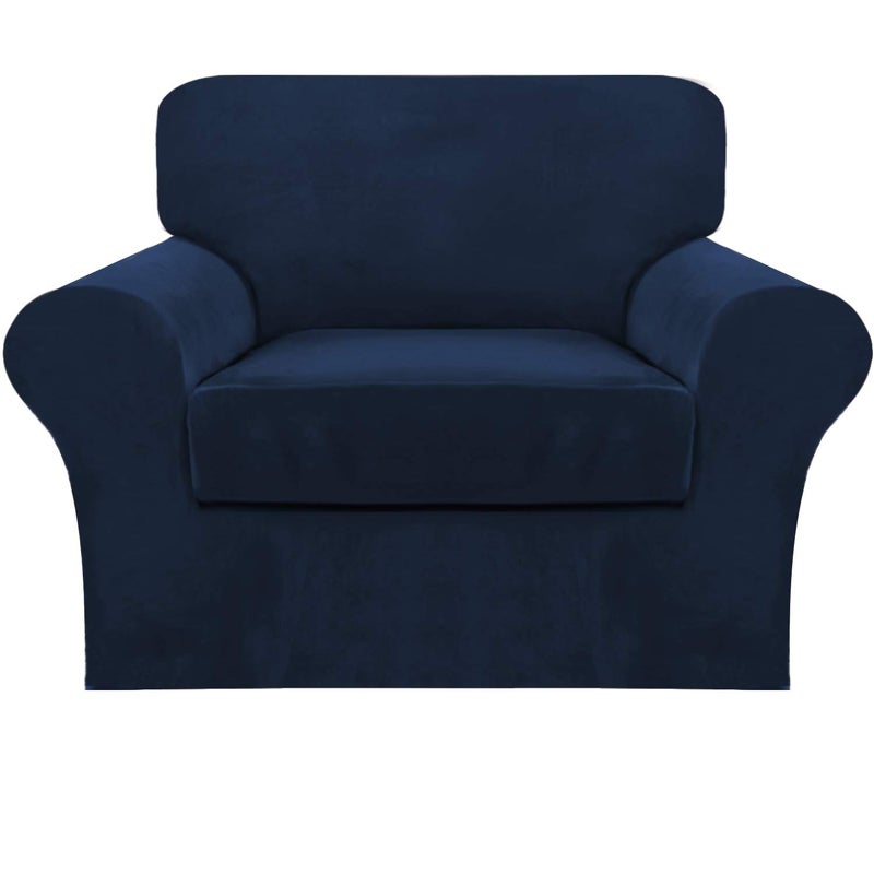 FantasDecor 2 Piece Chair Sofa Covers Velvet for Living Room Slipcovers with Individual Cushion Elastic Furniture Protector for Pets, Machine Washable (Armchair, Navy) - Image 1